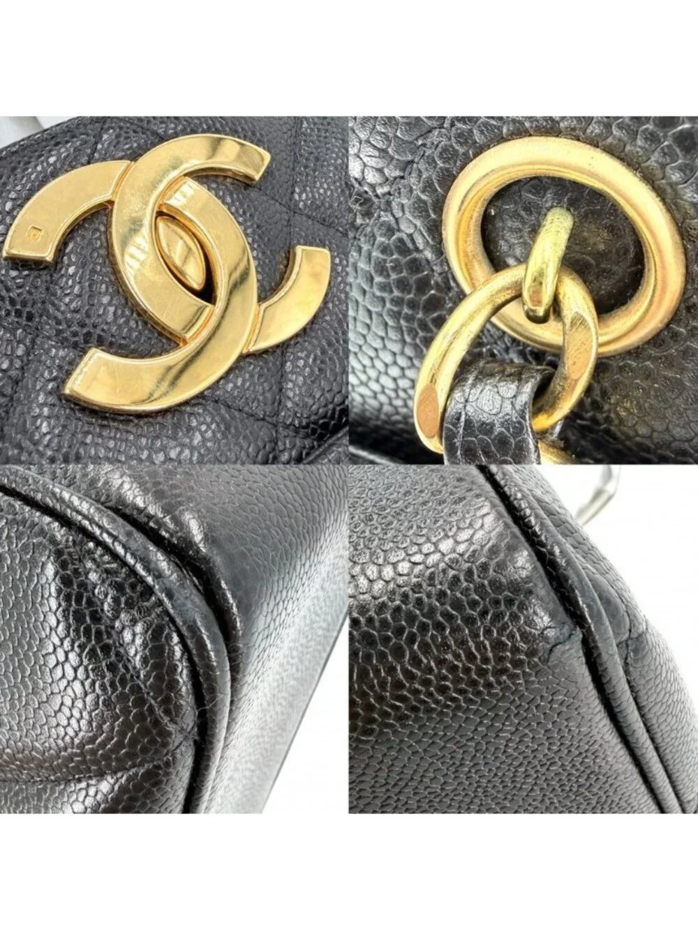 Chanel Big Handbag Quilted CC Logo Chain Tote Shoulder Caviar Leather Black Gold